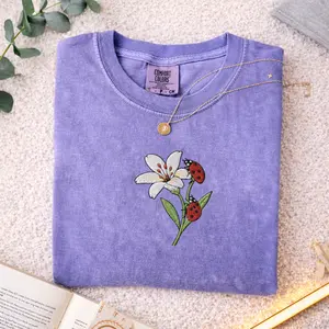 Embroidered T-Shirt Ladybug And Lilies, Floral Ladybug Shirt, Comfort Colors Tee, Cottagecore Nature Gift
