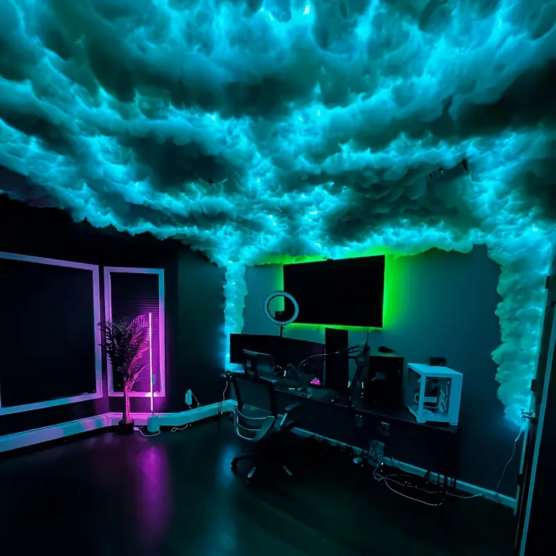 3D Thundercloud Night Light with music sync mode perfect for gaming and party decor. An ideal choice for PC, TV, and gaming setups, featuring adjustable color-changing effects; a ceiling cloud light that creates the perfect party atmosphere.