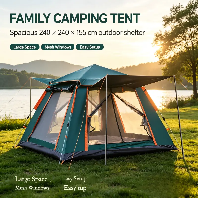 Breathable Waterproof Tent for 4-6 People - Oxford Fabric, Water Resistant, UV Protection, Sturdy Outdoor, Windproof, Mesh Bug Net, Automatic Unfolding & Retracting Mechanism, Portable Family Shelter for Camping, Hiking, Sturdy Outdoor Tent