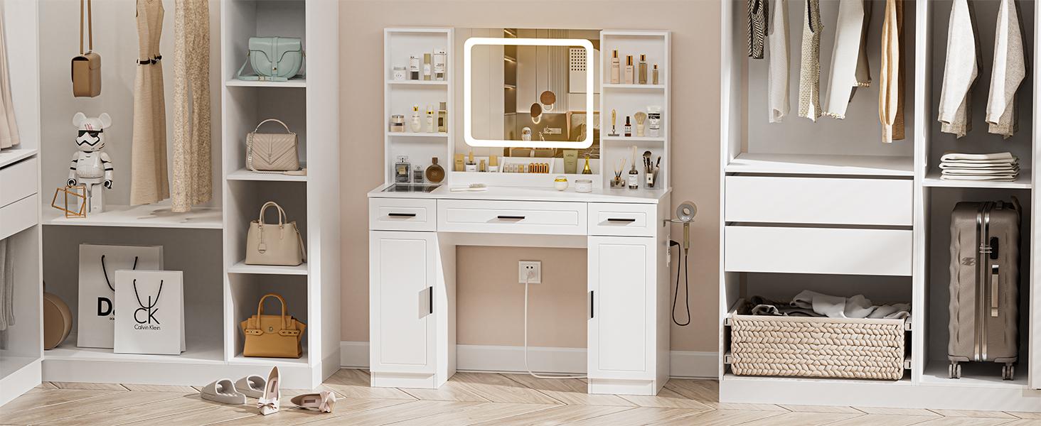 Vanity Desk with Mirror and Lights 45.3“W Makeup Desk with Drawers and Cabinet Vanity Table with Led Light Big Makeup Table with Charging Station Dressing Table with Glass Top for Bedroom White