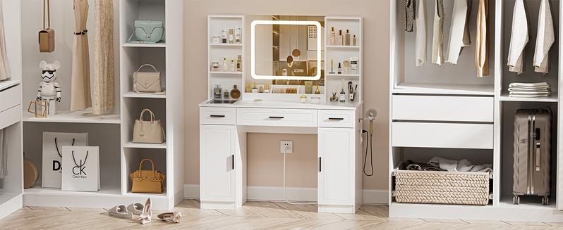 Vanity Desk with Mirror and Lights 45.3“W Makeup Desk with Drawers and Cabinet Vanity Table with Led Light Big Makeup Table with Charging Station Dressing Table with Glass Top for Bedroom White