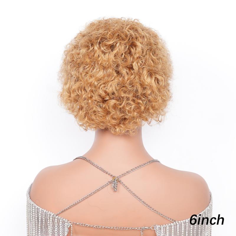 13X1 Curly Lace Front Wig 6 Inch Curly Lace Front Human Hair Wigs - Customized Ginger Blonde Wine red Colored Short Pixie Cut Water Wave Dark Rooted To Ginger Orange Color - 13x1 Transparent Lace Frontal Wigs For Women