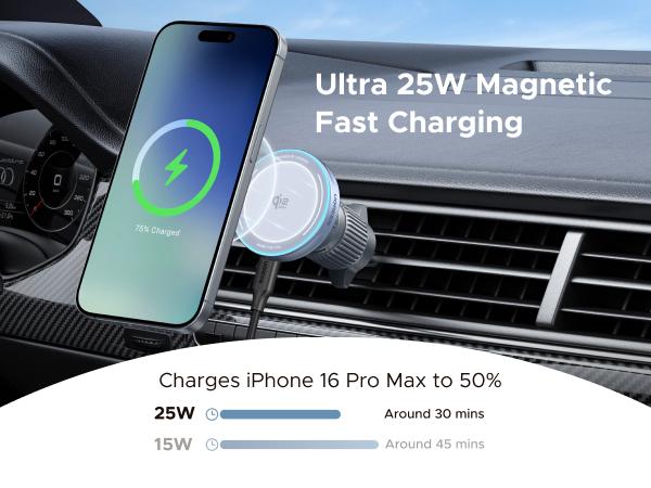 UGREEN 25W MagFlow Wireless Car Charger, MagSafe Qi2 Certified Fast Charging Cradle Mount for iPhone 17/16/15/14/13/12 Series, Air Vent Clip Secure Holder with USB-C Cable