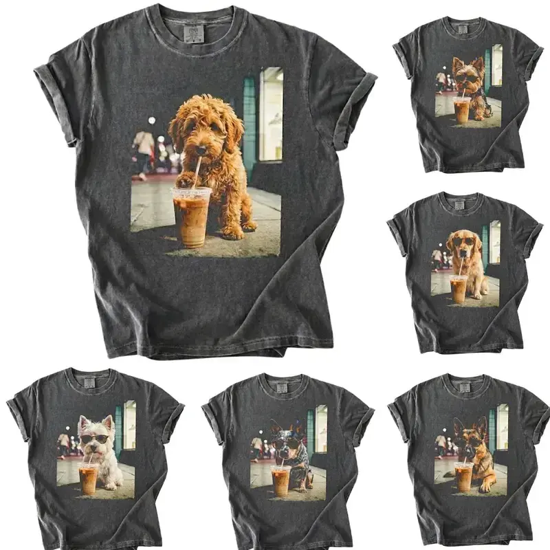 Comfort Colors 50+ Dog Breeds Available Iced Coffee Shirt, Funny Dog Coffee Lover Tee, Grunge Frenchie Graphic Shirt, Trendy Aesthetic Dog Tee, Comfort Colors Shirt - KitchenEra