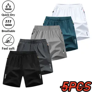 Anti-Wrinkle 5-Piece Set Men's Summer Ice Silk Sports Quick-Dry Shorts Loose Fit Knee-Length Trunks for Outerwear Beach & Casual Use Athletic Gym