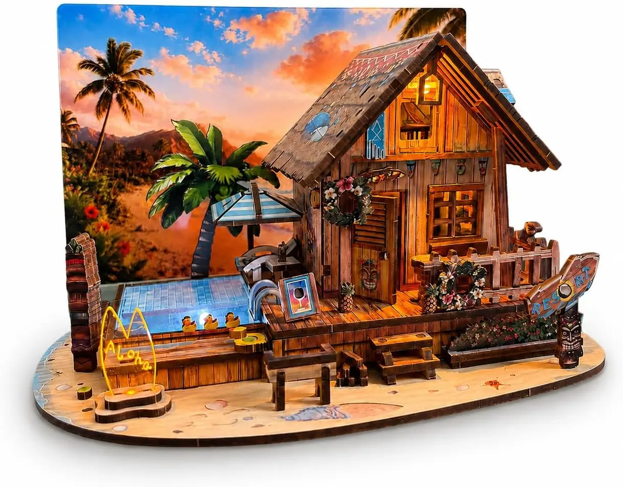 Adult 3D Wooden DIY Construction Puzzle Set - LED Light Hawaii Beach House Miniature Tropical Cottage Model, Acrylic Greeting Card Backdrop, Home Decor Gift for Women, DIY Crafts Ideas Kit