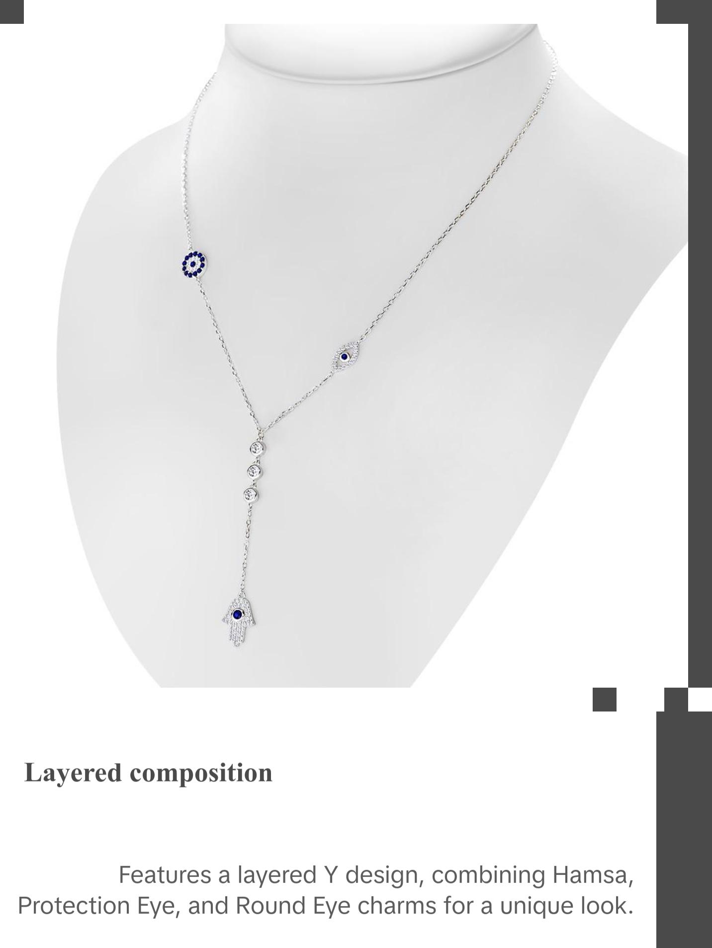 My Daily Styles 925 Sterling Silver CZ Layered Y Necklace with Hamsa, Evil Eye, and Round Eye Charms - Adjustable Chain