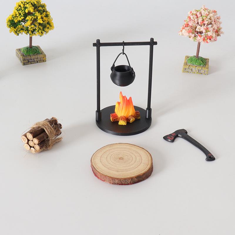 BougeRV Mini Campfire & Teapot Miniature Statue – DIY Craft Dollhouse Desktop Photo Prop, Wood/Plastic/PLA Decor Gift for Home, Kitchen, Office, or Garden Ornaments Whimsy