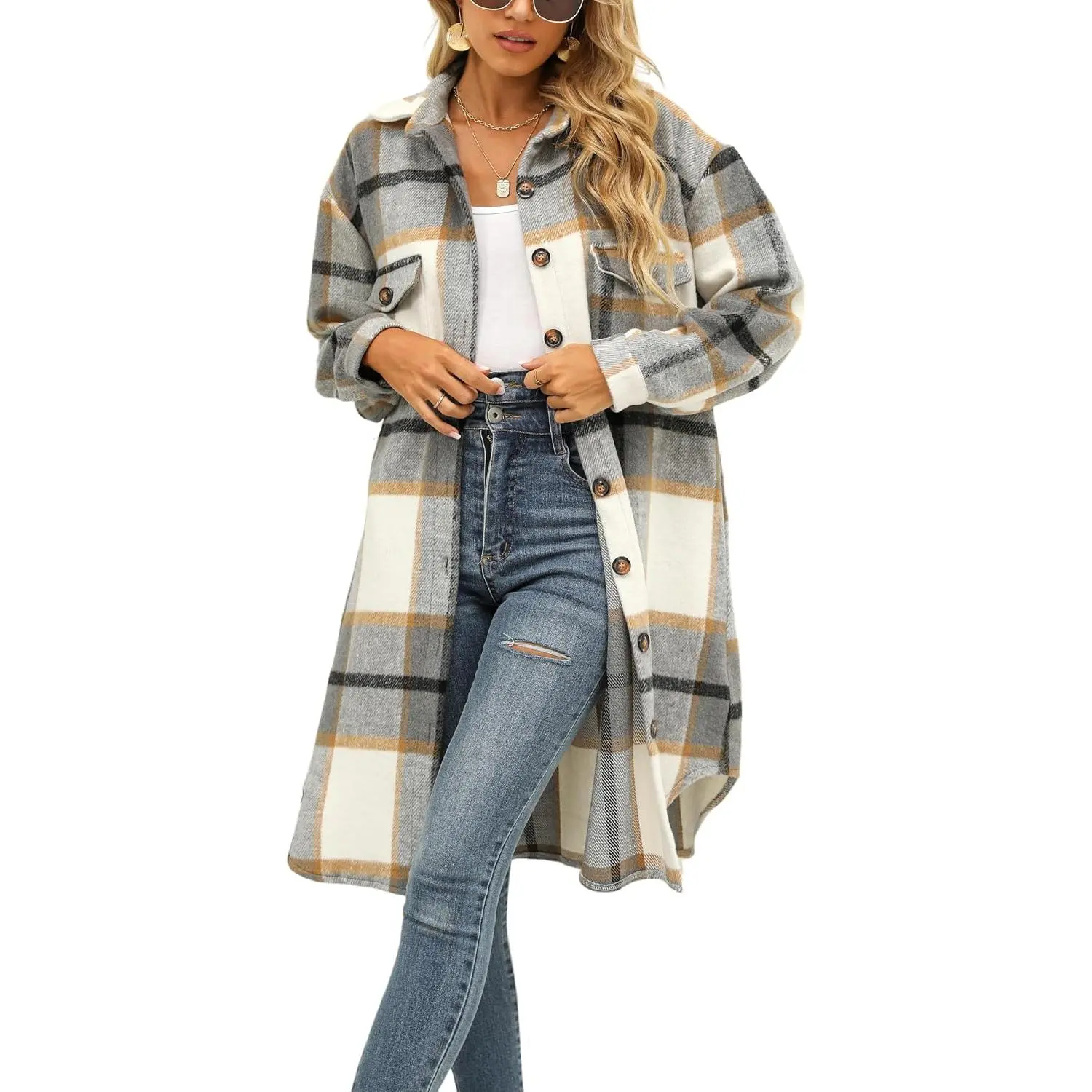 Women Fall Flannel Plaid Shacket Jacket Oversized Button Down Long Shirt Jacket