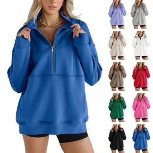WOMEN'S half zip sweatshirt fleece stand collar long sleeve thumb hole oversized pullovers with pockets