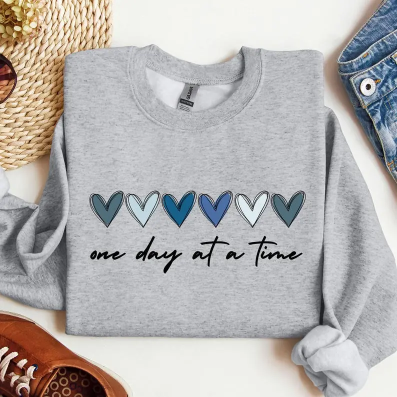 One Day At A Time Sweatshirt, Inspirational Hearts Crewneck Pullover, Motivational Mental Health Shirt, Encouragement Gift