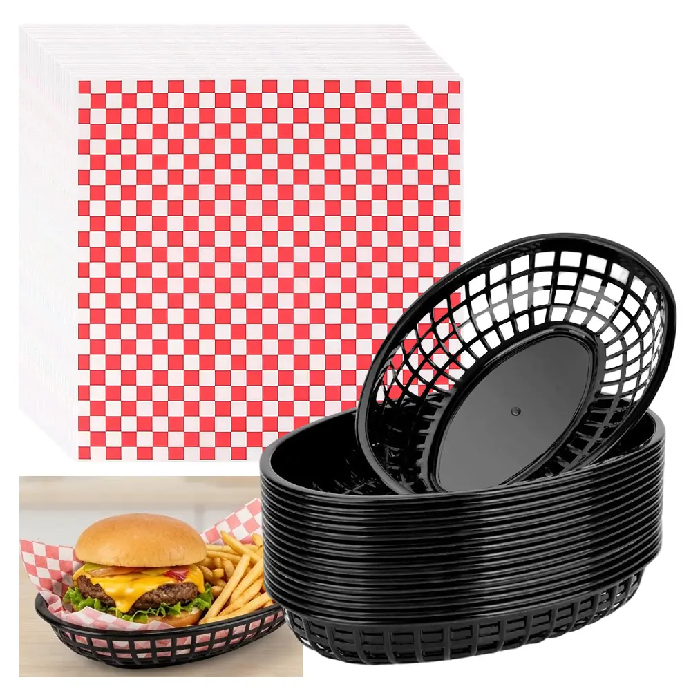 1Set Plastic Food Baskets with Liners, 100 Sheets Red Checkered Deli Paper Liners And 15 Black Fast Food Basket Bulk, Classic Reusable Baskets with Liners