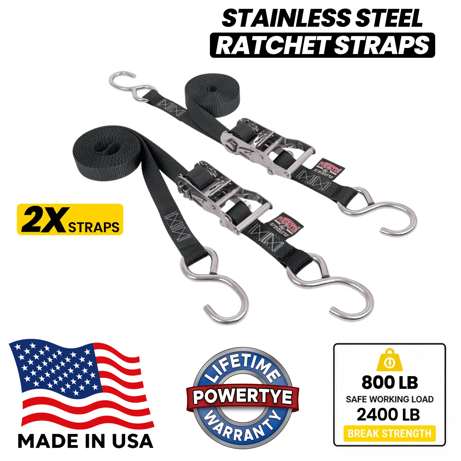 PowerTye 1 inch x 5ft Stainless Steel Ratchet Straps with Stainless Steel S-Hooks, 800lb Working Load / 2400lb Break Strength, for Boats, Cargo & Marine Use, Made in USA (2-Pack) - See Available Color options!