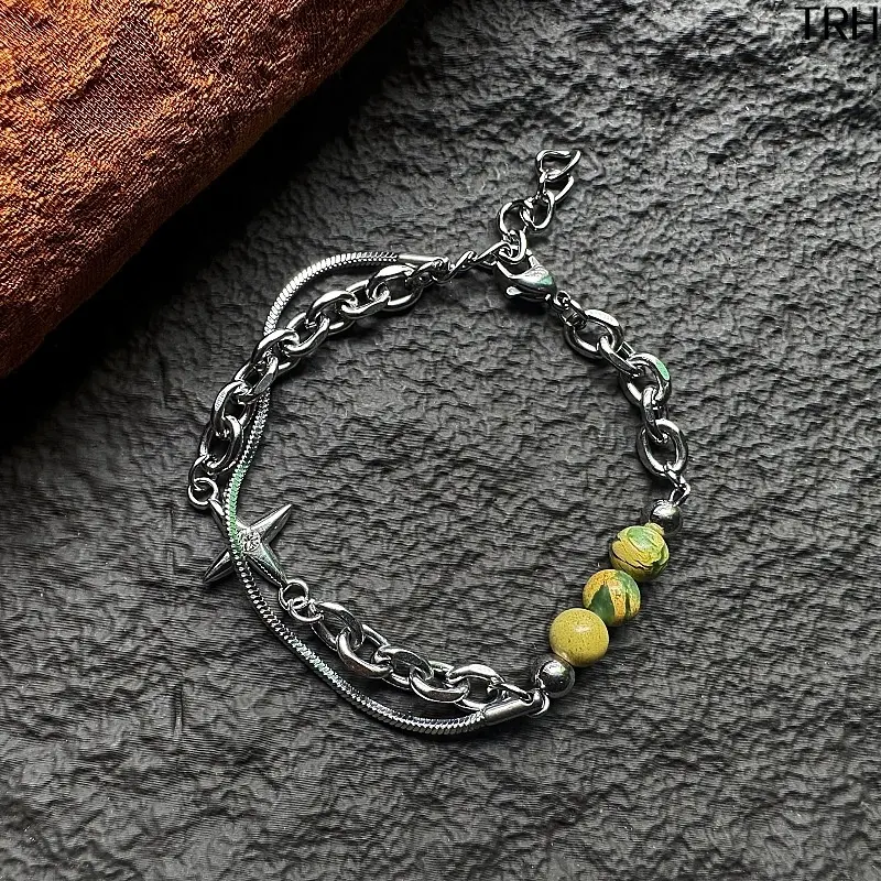 Two Layer Beaded Chain Bracelet For Men Women, Y2K Hip Hop Star Charm Stacked Wristband, Unique Designer Stainless Steel Bracelet, Anti-Tarnish Irregular Stone Bead Jewelry, Trendy Streetwear Layering Accessory