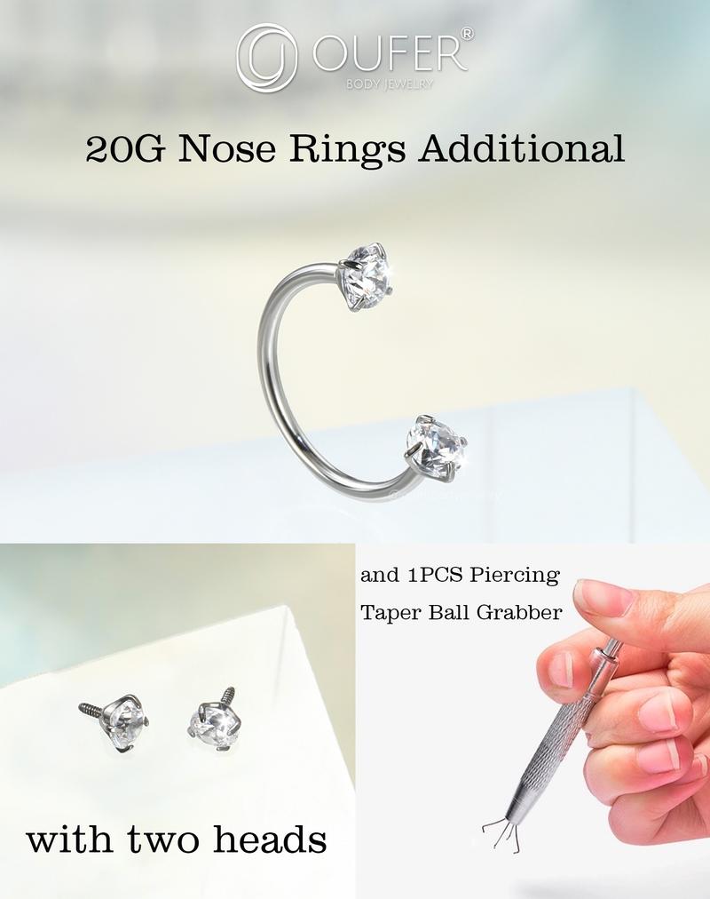 Oufer 20G Horseshoe CZ Nostril Nose Hoop Cartilage Lobe Piercing Ring 316L Stainless Steel Unisex Body Jewelry with Free Ball Crabber