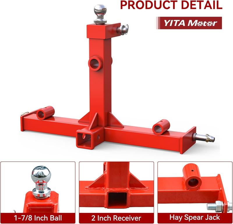 YITAMOTOR 3 Point Trailer Hitch with 2" Receiver for Category 1 Tractors, 3000 lbs Capacity Tow Hitch with Trailer Gooseneck Ball Drawbar