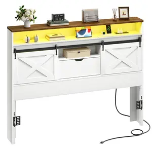 HOOBRO Farmhouse Queen Headboard with Charging Station and LED Strip, Storage Headboard with Sliding Barn Doors and Flip-Down Drawer, Metal Frame Adapters, for Queen Beds, White and Walnut #SpringSale #BigSpringSale