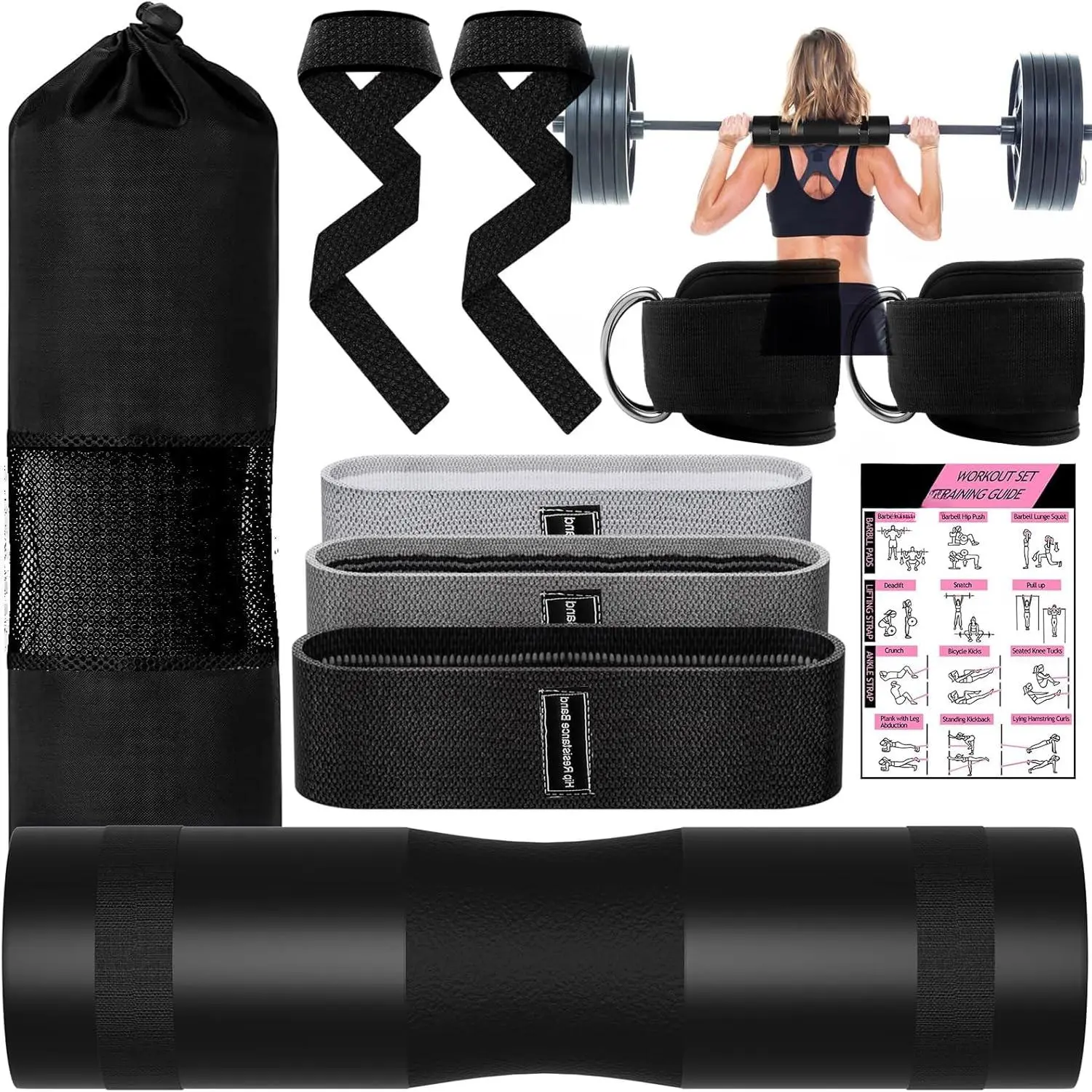 Resistance Band Set, 1 Set Barbell Pad & Resistance Band & Ankle Strap & Weight Lifting Strap & Carry Bag, Barbell Pad Set for Squat, Hip Thrusts, Lunges, Weight Bands Set, Workout Straps
