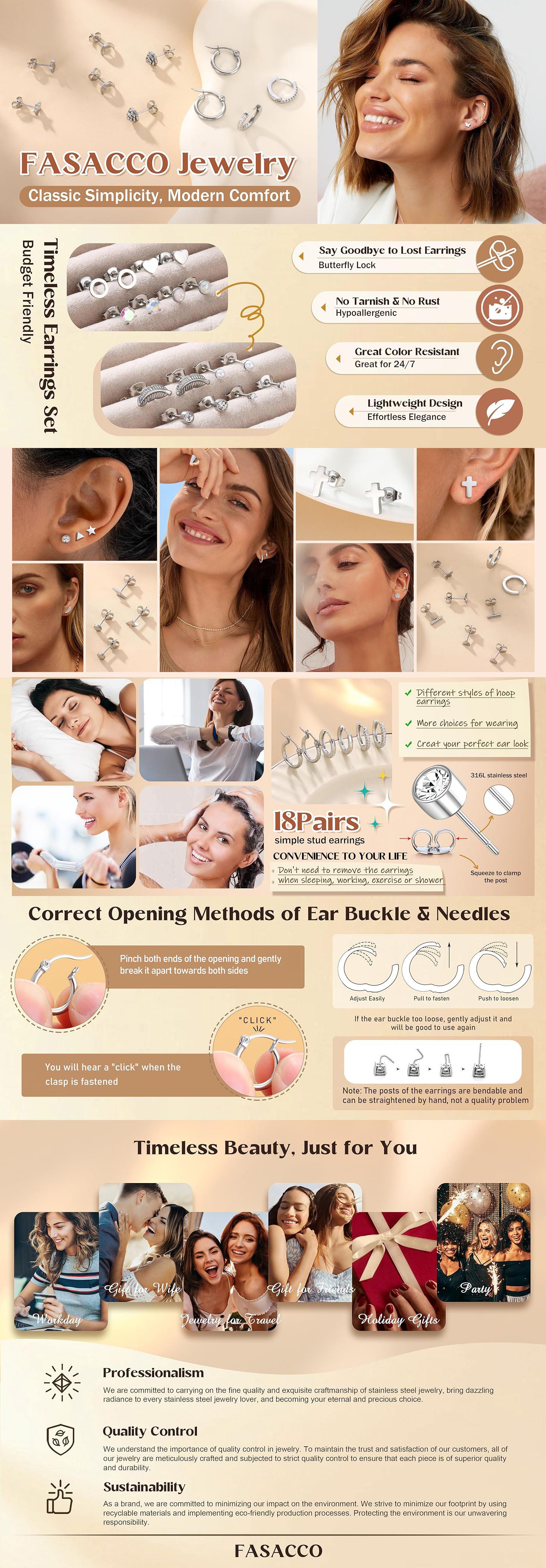 FASACCO 21Pairs Stainless Steel Earrings Hoop Stud Sets for Women Man Multiple Piercing Small Tiny Stud Earrings Small Huggie Hoop Earrings Piercings Dainty Jewelry