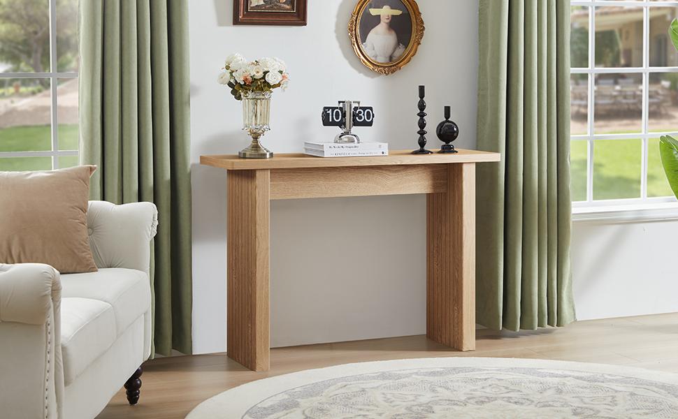 Giratree 43.3" Fluted Wood Couch Table Behind Sofa Long and Skinny for Living Room Hallway Entrance Foyer Mid Century Narrow Entryway Console Table