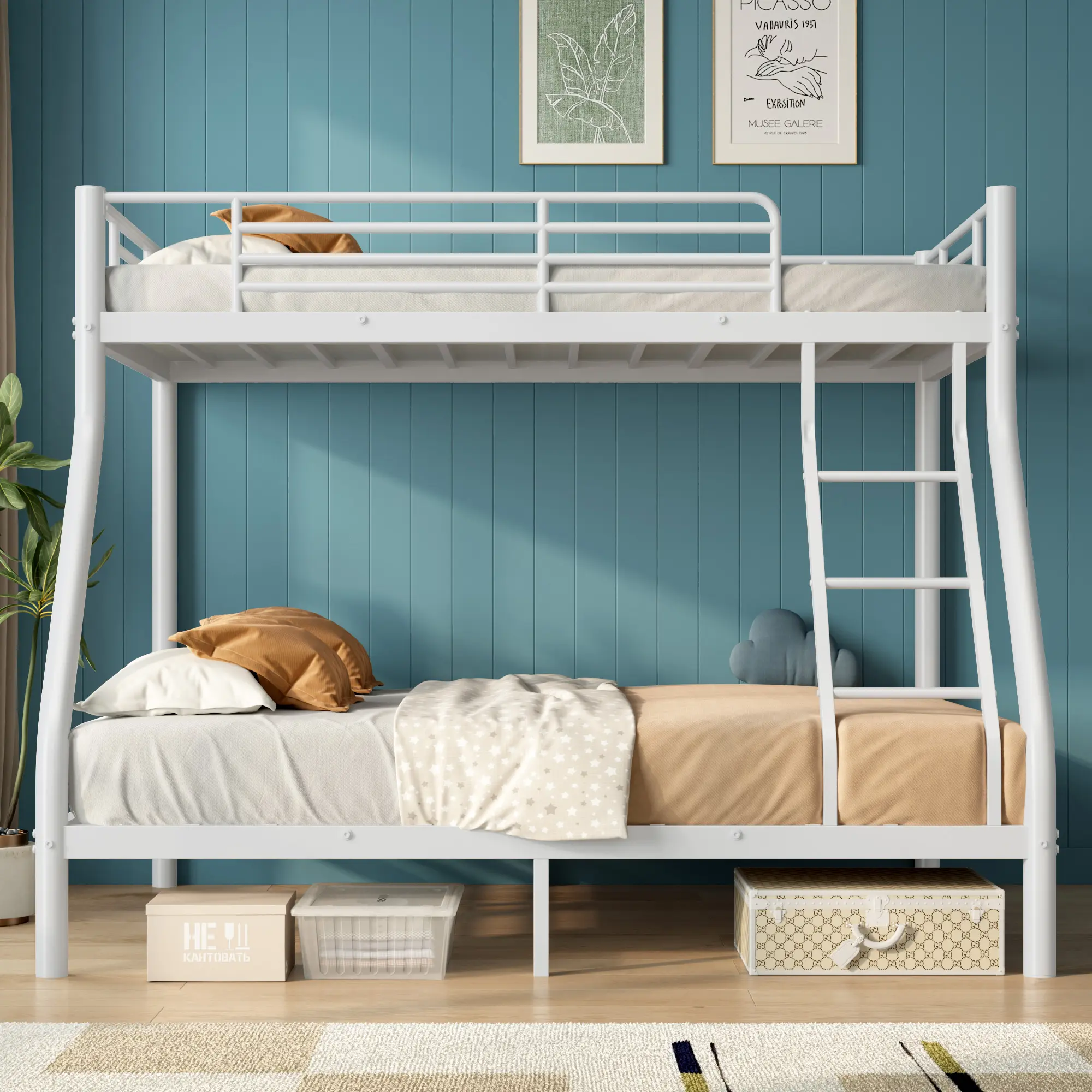 DlandHome Space Saving Twin Loft Bed with Stairs, White Metal High Bed Frame with Safety Guardrails, Heavy Duty 20 * 40mm Steel, No Box Spring Required, for Small Bedroom