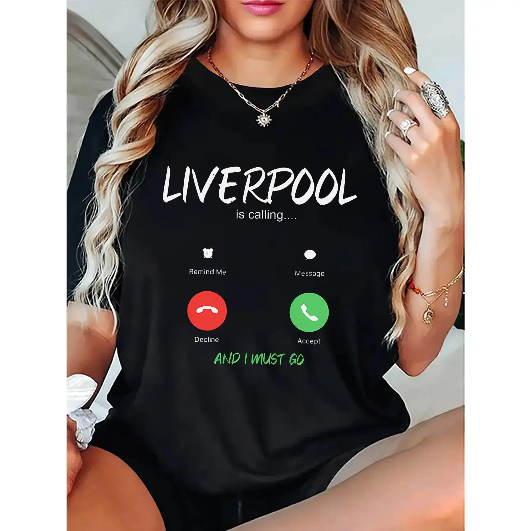 Women's Graphic T-Shirt, "Liverpool is Calling" Casual Short Sleeve Crewneck, Chic Loose Fit Polyester Blend Undershirt