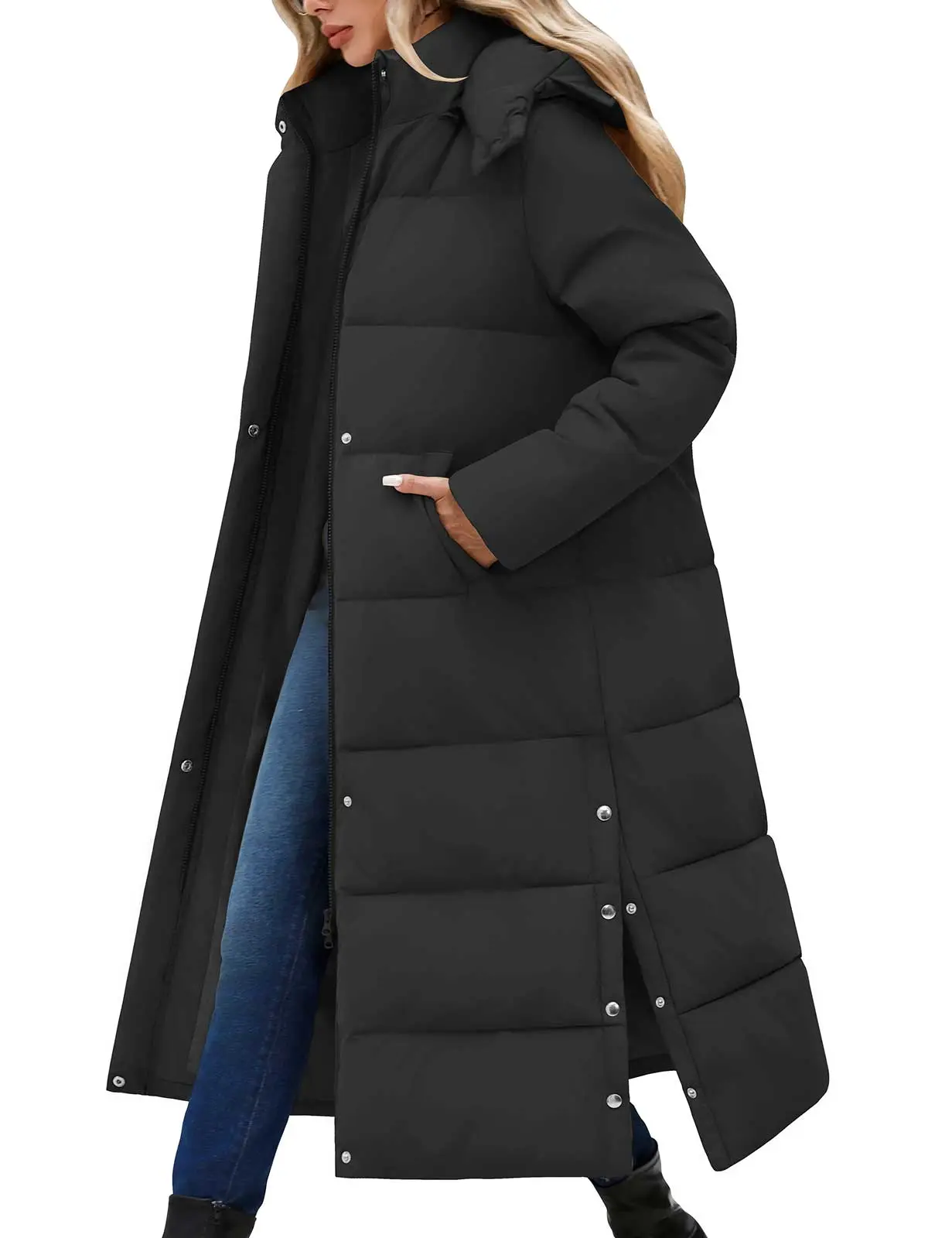 Women's Long Maxi Down Coat Winter Puffer Jacket Warm Padded Outerwear Faux Fur Removable Hood Parka Full-Zip