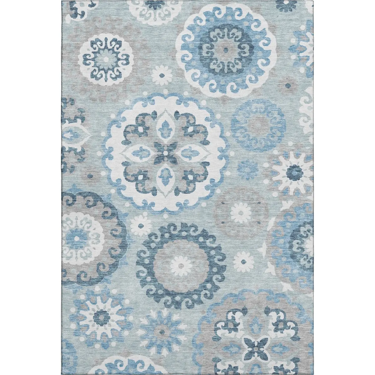 HomeRoots 664063 3 x 5 ft. Sky Blue & Ivory Medallion Transitional Washable Machine Made Rectangle Area Rug with UV Protection