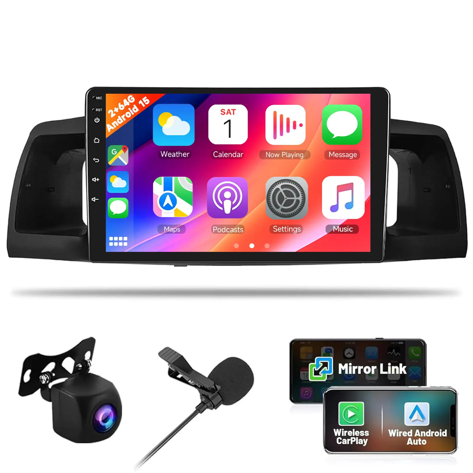 Podofo 2G+64G Android Car Radio with 9-in Display Screen & Car Monitor, Wireless CarPlay/Android Auto, GPS Navigation, Bluetooth, 5GHz WiFi, Backup Camera for Toyota Corolla EX 2005-2012, Car Display Screen