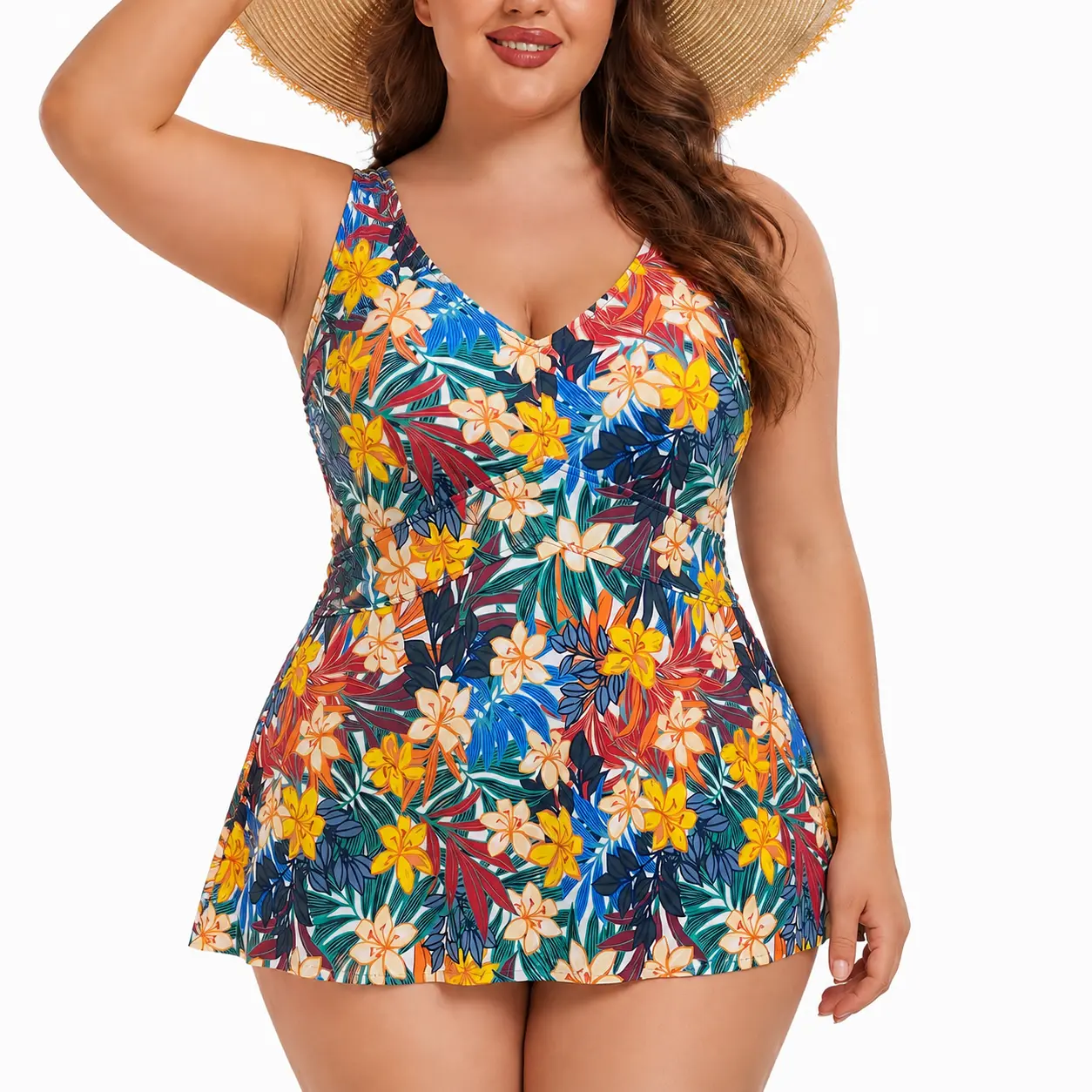 [16W-24W]OceanShe Women's Plus Size One-Piece Swim Dress - V-Neck, Built-In Cups and Brief, Tummy Control & Full Coverage Floral Swimsuits Summer Swimdress  Swimsuit With Matching Skirt Swimsuits Skirts