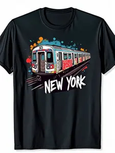 Men's New York City Subway Graffiti Graphic T-Shirt - Retro Vintage NYC Train Design with Bold White Lettering & Colorful Graffiti Art, Casual Round Neck Short Sleeve Tee for Urban Streetwear & Everyday Comfort (Machine Washable), Geometric Pattern