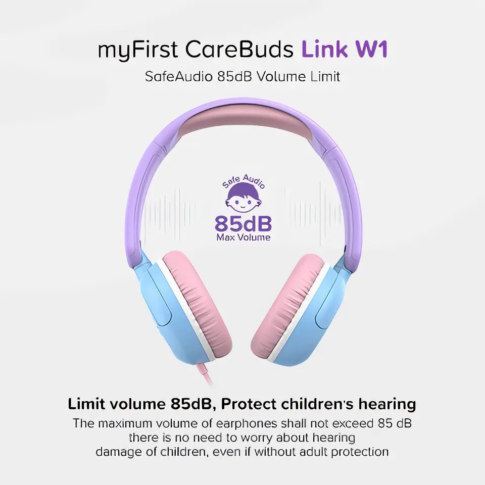 myFirst CareBuds Link W1 Kids Over-Ear Wired Headphones with Microphone, 85dB Safe Volume Limit, Foldable Lightweight School Headset, 3.5mm Audio Jack for Tablet & Laptop, Device Protection