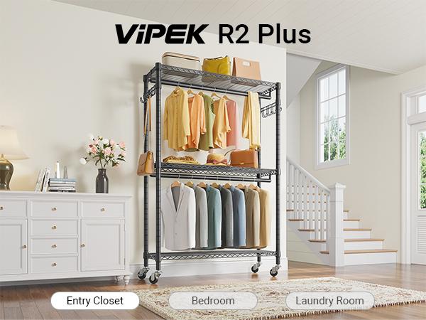 VIPEK R2 Series Rolling Closet Rack Freestanding 3 Tier Clothes Rack, Sturdy Rolling Clothes Rack for Bedroom, Portable Wardrobe for Hanging Clothes Organiser Adjustable Clothing Rack