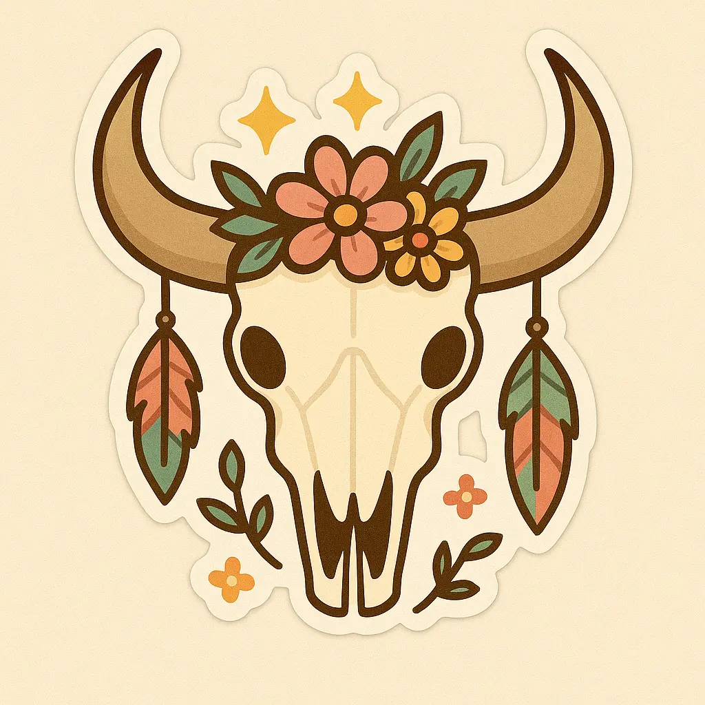Floral Longhorn Skull Vinyl Decal – Boho Western Sticker