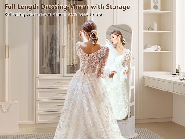 Miuvanity Round-Corner Design Full-Length Mirror with 360° Swivel & LED-Lit Features, Bottom Drawer Storage, Lockable Design living room decor