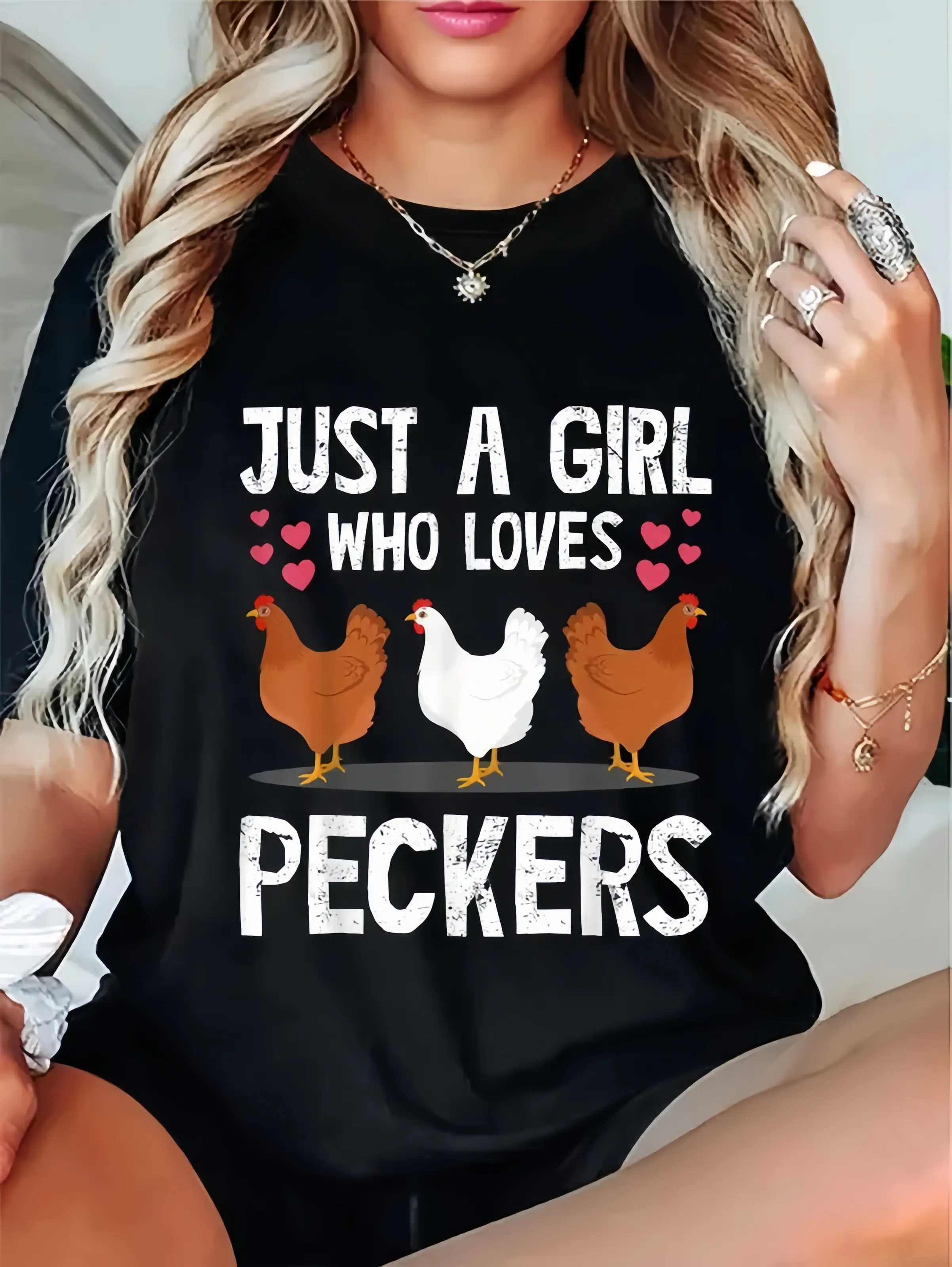 Women's 100% Cotton Round Neck Funny Chicken Graphic T-Shirt - Casual Top for Chicken Lovers