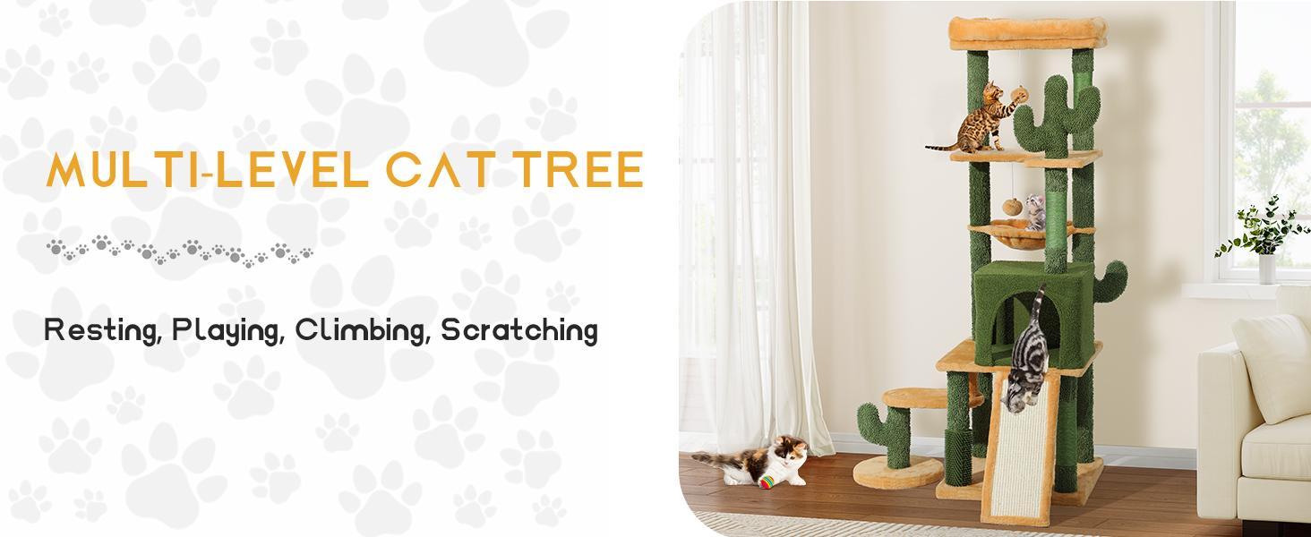 YITAHOME Cactus Cat Tree Tower 37/44.5/60/76 Inch with Self-Grooming Brush, Multi-Level Features, and Sisal Scratching Posts for Indoor Cats