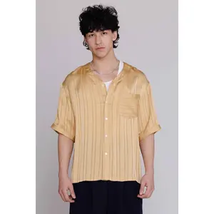"Valenzuela" Baseball Collar Shirt in Gold Satin Stripe