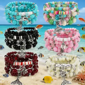 24pcs Ocean-Themed Glass & Resin Bracelet Set - Stackable Stretch Bracelets with Starfish and Turtle Charms, Perfect for Summer Vacation Wear or Gifting to Friends and Family