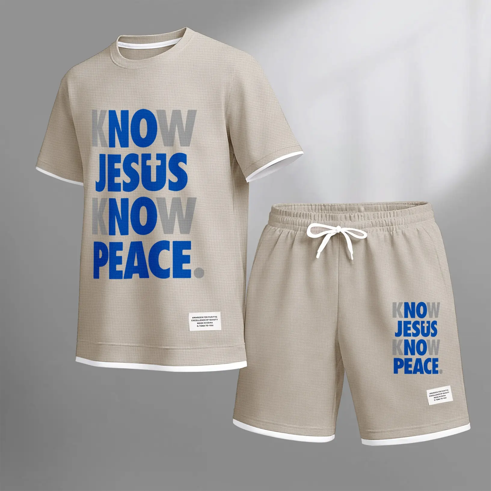 Men's Christian print drawstring shorts set is ideal for spring and summer. This casual summer set includes a short-sleeved shirt and a pair of shorts, suitable for everyday wear and sports.