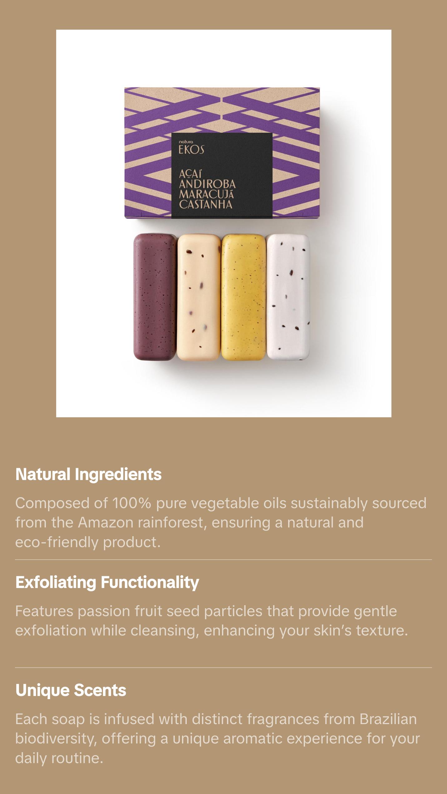 Natura Multipack Bar Soap Set of 4, Vegan Hydrating Açaí, Andiroba, Passion Fruit & Brazil Nut Soaps