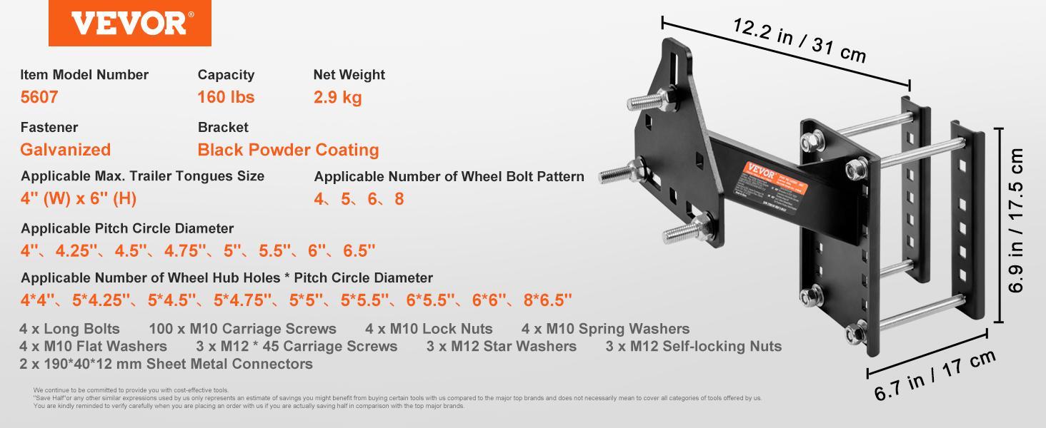 VEVOR Spare Tire Carrier, Trailer Spare Tire Mount, 160 lbs Capacity, Utility Trailer Accessories Fits Most 4 & 5 & 6 & 8 Lugs Wheels on 4", 4.25", 4.5", 4.75", 5", 5.5", 6", 6.5" Bolt Patterns