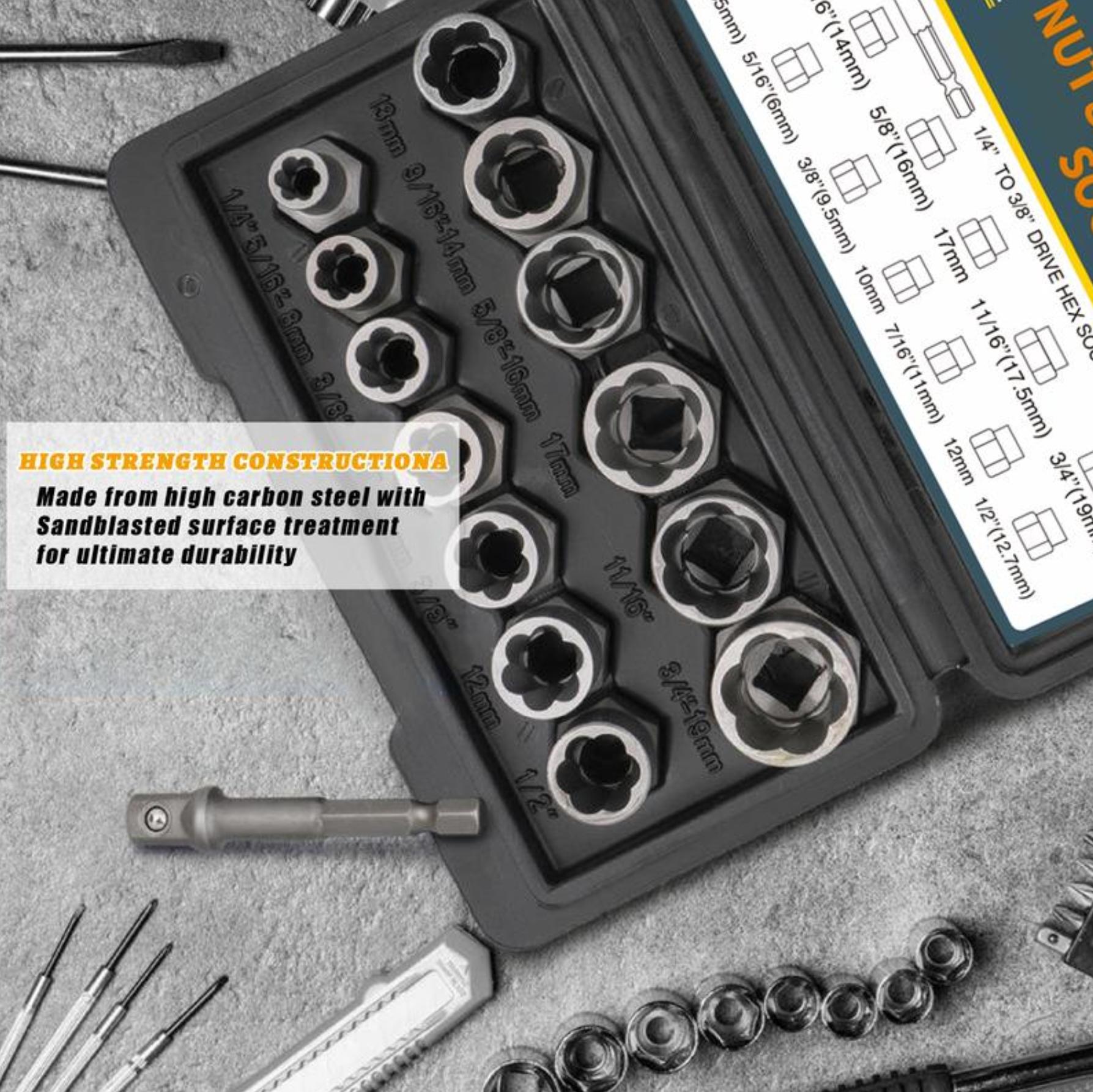 【TikTokShopBlackFriday 】 Bolt Extractor Tool Set, 13+1 Counts Impact & Nut Remover Stripped Lug Remover, Drive Rounded Bolt Remover for Removing Damaged, Frozen Universal Impact impact bolt
