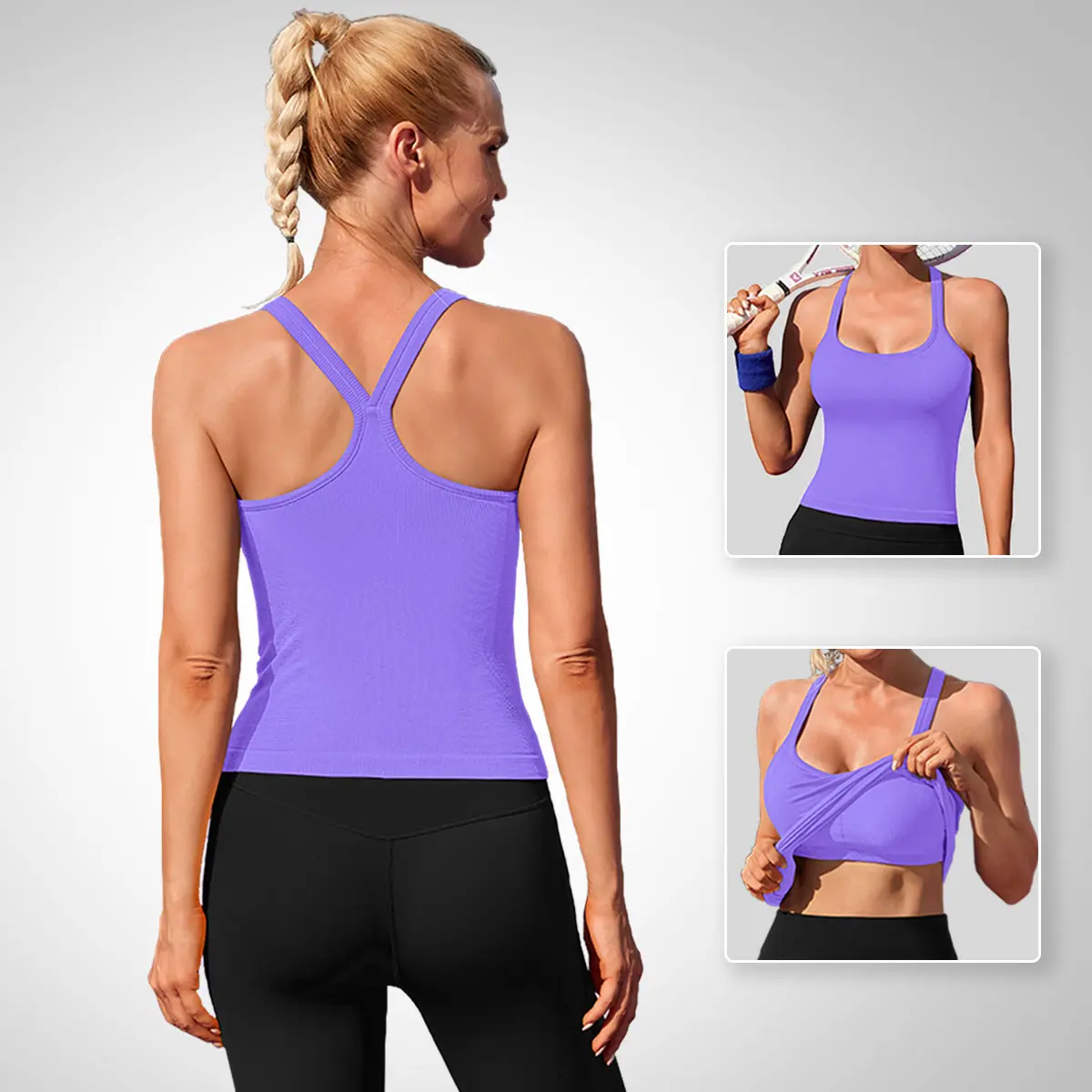 ATTRACO Ribflex Women's Workout Tank Top Built in Bra Ribbed Athletic Tank Spagthetti Strap Y Back Workout Top Scoop Neck Workout Clothing Sleeveless Workout