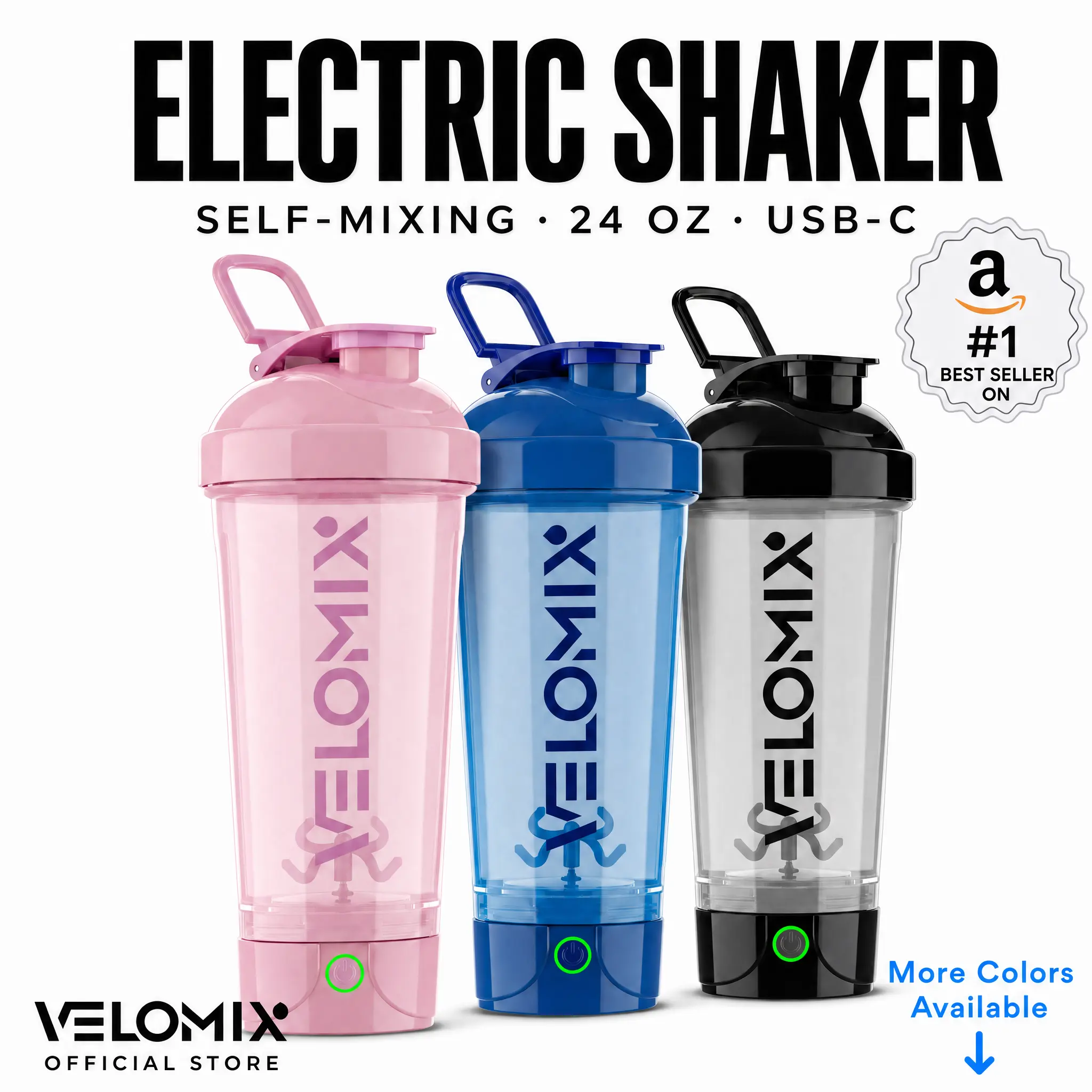 VELOMIX 24 oz Electric Protein Shake Mixer Bottle - USB-C Rechargeable Drink Mixer, BPA-Free Polypropylene (PP)/PE Plastic, Leak-Proof Twist-Lock Lid, 80 Mixes per Charge, 1-Touch Power Mixing, No Clumps, Easy-Clean, Durable Gym-Ready Sports Bottle