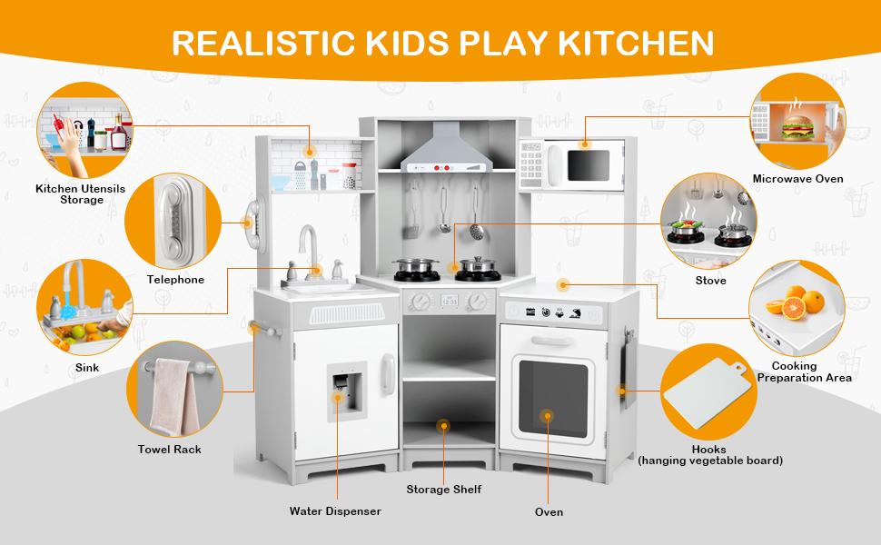 Kids Play Kitchen Set - Corner Wooden Pretend Toddler Kitchen Toys Playset with Realistic Lights & Sounds Microwave Oven Water Dispenser Phone Sink Cooking Accessories for Toddlers Ages 3+