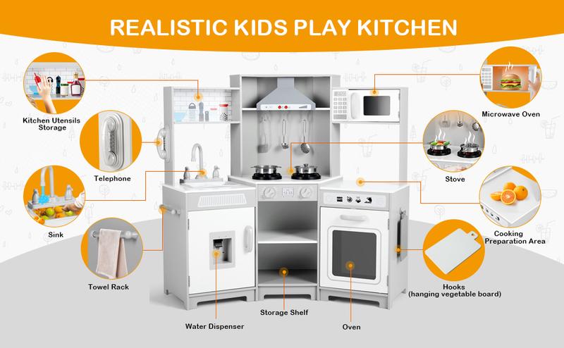 Kids Play Kitchen Set - Corner Wooden Pretend Toddler Kitchen Toys Playset with Realistic Lights & Sounds Microwave Oven Water Dispenser Phone Sink Cooking Accessories for Toddlers Ages 3+