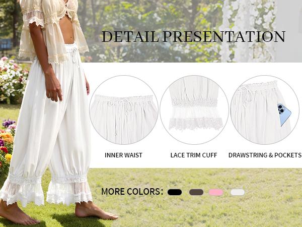 【SS26 Collection】TARSE Women Linen Blend Lace Trim Long Bloomers Pants Ruffle Vintage Pantaloons Summer Beach Travel Vacation Cute Boho Pants with Pockets