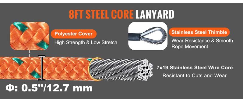 VEVOR Steel Core flipline, TikTokShopBlackFriday, 1/2" x 8' Arborist Flipline, Flip Line for Tree Climbing with Alloy Steel Snap Hook, Aluminum Alloy Carabiner and Extra Tool Lanyard, for Arborist, Tree Climbers