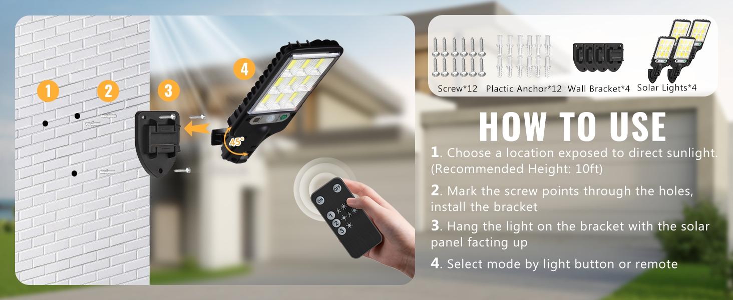 【Upgraded: Brighter】4 Sets Solar Powered LED Street Lights – Smart Remote & IP65 Motion Sensor – 3 Modes (Security/Dim/Highlight) for Pathways, Garages, Backyards & Front Yards – Heavy-Duty Waterproof Lighting Solution for Home & Outdoor Areas